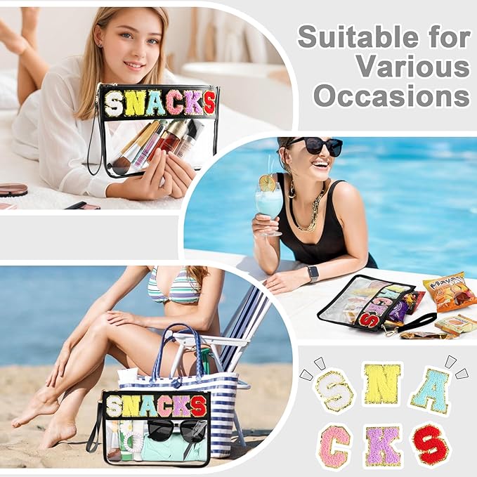 Snack Bag for Travel - Clear Chenille Varsity Letter Flat Pouch with Zipper, 12.2×8.46 inch Waterproof Clear Nylon Preppy Patch Makeup Cosmetic tote Bags for Women Girls