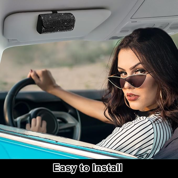Accmor Bling Sunglasses Holder for Car Sun Visor, Sparkling Auto Glasses Clip Case Eyeglasses Protective Box, PU Leather Car Sunglass Storage Organizer for Truck, SUV, RV (Black Crystal)