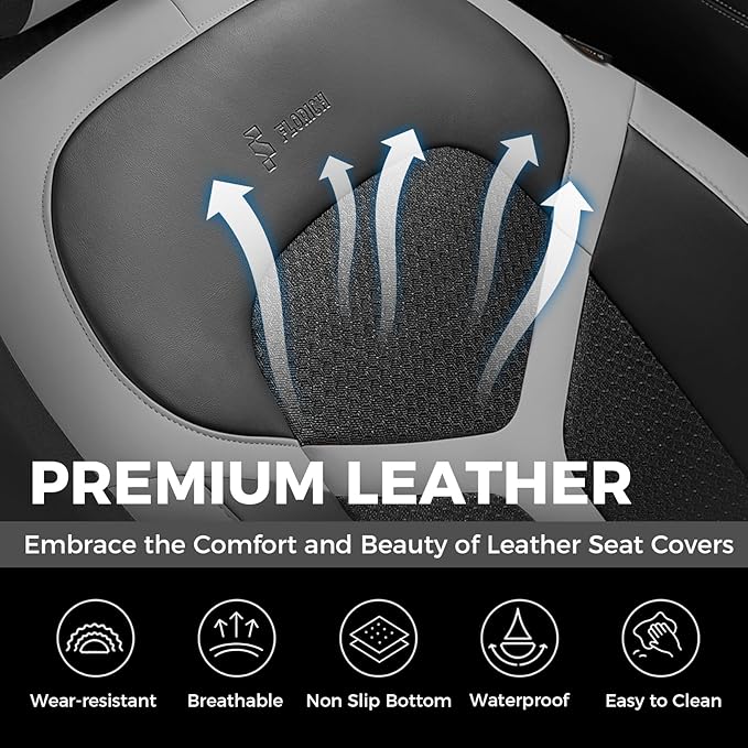 FLORICH Car Seat Covers Front Seat, Universal Seat Cover 2 Seats, Automotive Seat Covers with Mesh Leather, Waterproof Car Seat Protector, Breathable Car Seat Cushion for Most Car SUV Truck, Gray