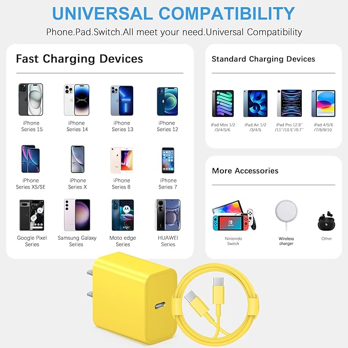 iPhone 17 16 15 Charger Fast Charging 3+3Pack Type C Charger USB C Chargers Block with 10FT Cable for iPhone Air/17/17 Plus/17 Pro/17 Pro Max/16/16 Plus/16 Pro/16 Pro Max/15/15 Pro Max(Yellow)