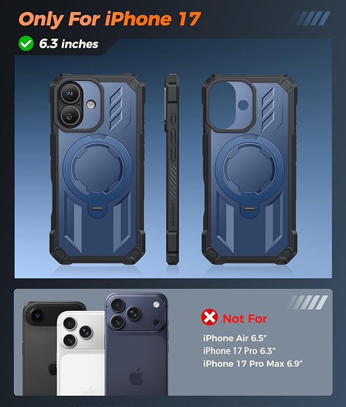 FNTCASE for iPhone 17 Phone Case: [360 Spin Magnetic Ring Kickstand] [Compatible for MagSafe] [Screen Protector] Heavy Duty Military Grade Protection Protective Phone Case with Stand Blue