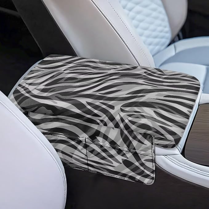 Black Zebra Car Center Console Cover, Upgraded Car Arm Rest Cover with 4 Storage Bags, Universal Armrest Cushion for Car Storage Box Car Interior Accessories Protector for Most Vehicle