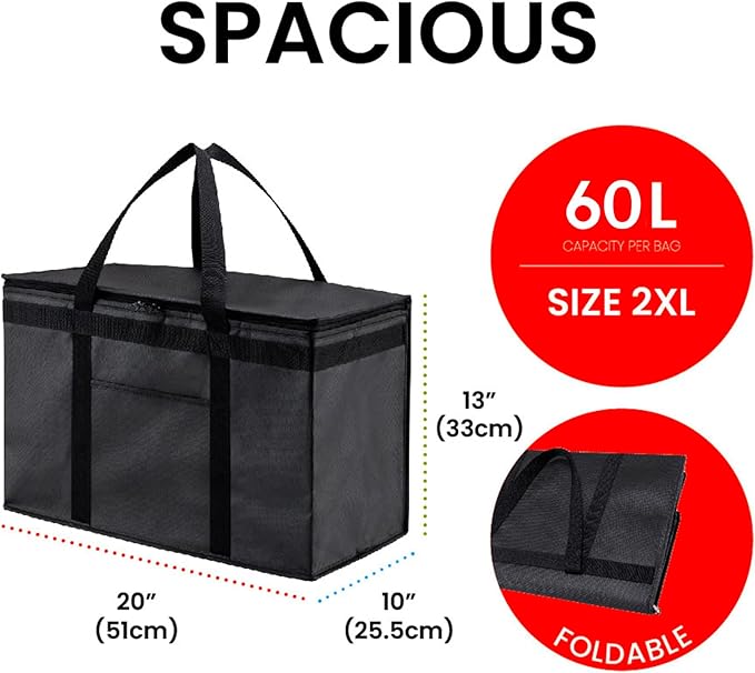 NZ home Insulated Bags for Food Delivery (2XL) Grocery Shopping Cooler Bag, Pizza Delivery, Hot & Cold Catering Tote, Reusable, Foldable & Heavy Duty (Red)