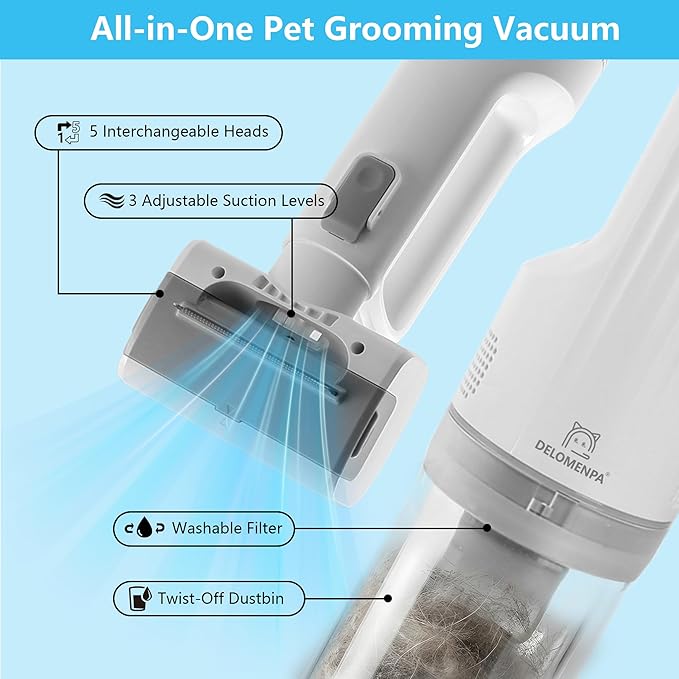 Deshedding Brush with Vacuum Suction, 5-in-1 Pet Hair Removal Tool for Dogs Cats, Cordless Undercoat Rake Removes Loose Hair, 9Kpa Pet Vacuum Cleaner for Furniture Carpet, Washable
