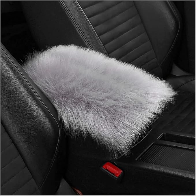 Furry Auto Center Console Cover Pad, 11.8"x7.8" Soft Sheepskin Wool Armrest Cushion, Fluffy Vehicle Armrest Seat Box Protector Warm in Winter, Car Interior Accessories for Women and Men (Gray)