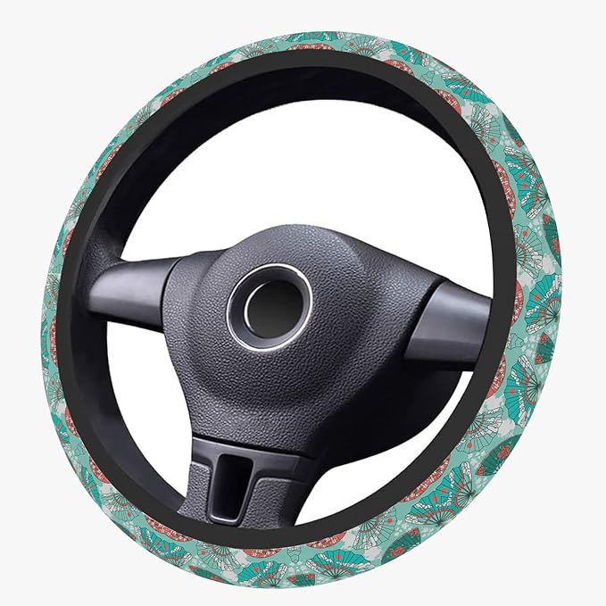 Green and Red Fan Steering Wheel Cover, Cute Print Steering Wheel Cover Protector, Ultra Thin Breathable Non-Slip, Car Accessories for Women, for Steering Wheel with a Diameter of 14.5"-15"