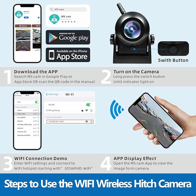 Upgraded Wireless Backup Camera Magnetic Hitch, 4000mAh Rechargeable Battery Powered WiFi Rear View Camera, 720P IP68 Waterproof Reverse Camera for Truck/RV/Camper/Trailer for iPhone iPad Android