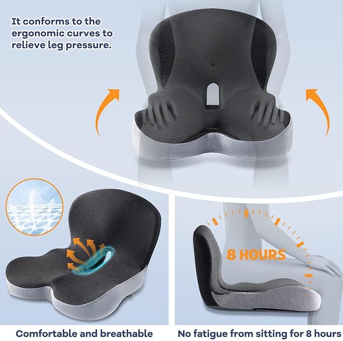 Ergonomic Seat Cushion for Office Chair & Car - Memory Foam Car Cushions for Driving with L-Shaped, Non-Slip Bottom - Orthopedic Pad for Truck Driver (Dark Grey)