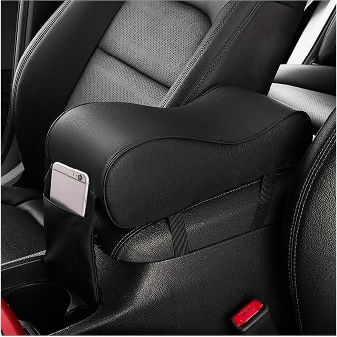 Car Center Console Cover, Soft Memory Foam Auto Arm Rest Pillow with Phone Holder Storage Bag, Waterproof Leather Armrest Seat Box Protector Comfy Cushion Pad for Most Cars (Black)