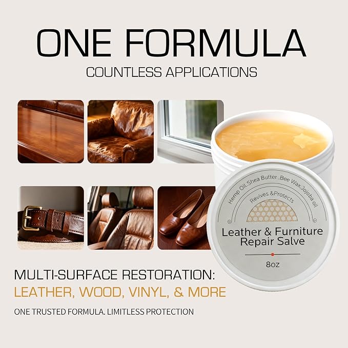 Furniture Salve for Leather Conditioner: Natural Oil Beeswax Formula for Couches Purse Bag Car Seat - Moisturizer and Restorer Leather Wood and Vinyl - Prevent Cracking or Fading & Water Rings (8oz)