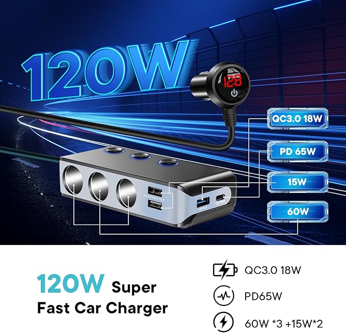 Cigarette Lighter Adapter Splitter 3 Socket with PD 65W Port 8.5A 4 Car USB Charger Multi Port 120W 24V/12V Splitter DC Outlet with Voltage Display, Car Accessories Gray