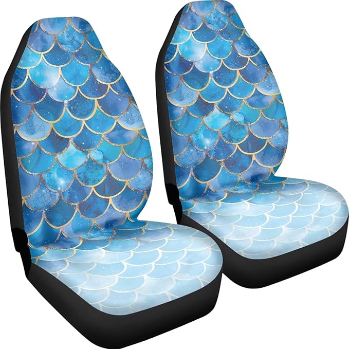 Gradient Blue Mermaid Scale Print Universal Car Seat Covers Front Seats Only for Women,Fit for Most Cars