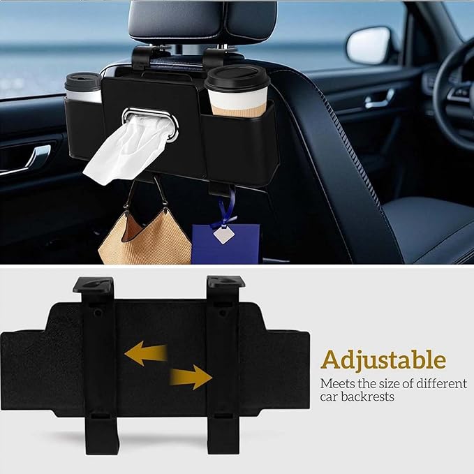 3-in-1 Car Backseat Organizer, 2026 Upgraded Multifunctional Car Seat Back Storage Box, Backseat Car Organizer with 2 Cup Holders, Tissue Box & Hooks, Universal Car Essentials (Brown)