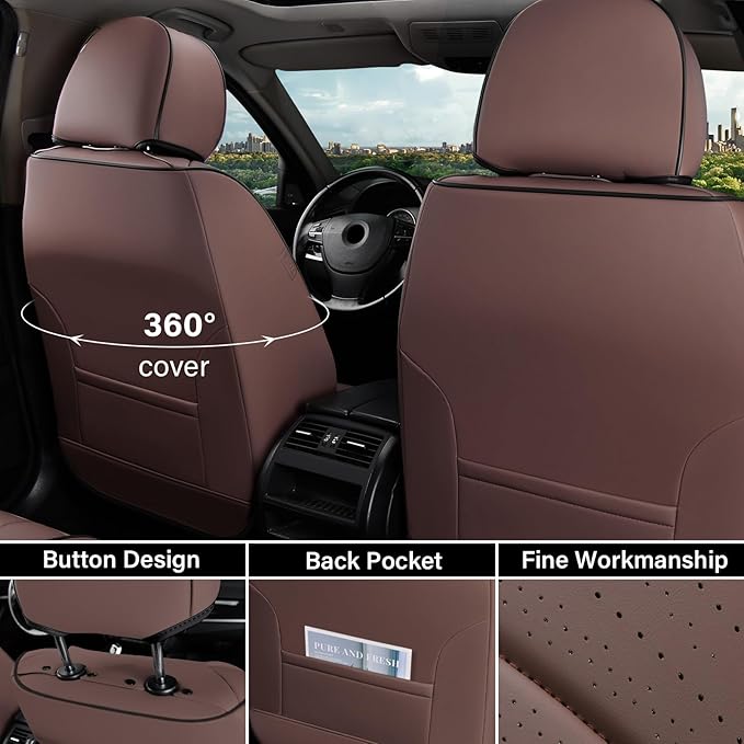 Coverado Front and Back Car Seat Covers, Leather Seat Cover for Cars, Automotive Seat Cover Full Set, Waterproof Universal Seat Cover, Luxury Car Seat Protector Seat Cushion Fit Most Cars, Coffee