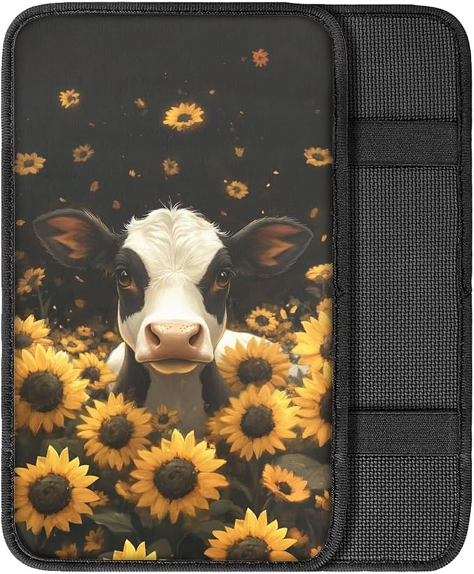 Cow Sunflower Print Armrest Cushion Cover for Car Neoprene Car Center Console Cushion Pad Non Slip Decorative Armrest Seat Box Cover for SUV Truck Sedan