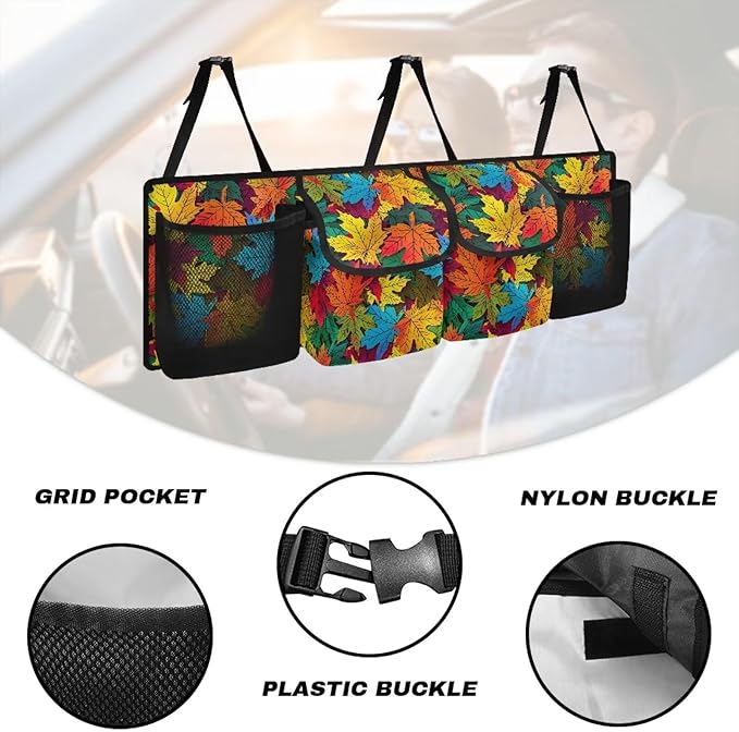 Hanging Trunk Organizer Car Back Seat Storage Bag Colorful Maple Leaves Auto Cargo Bag with 4 Pockets Auto Accessories for SUV MPV Sedans Pickup Jeep Trucks
