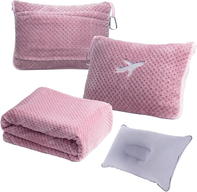 3 in 1 Travel Blanket Pillow Set - 350 GSM Thick Travel Blanket Airplane Compact with Bag, Soft Bag with a Pocket, Inflatable Travel Pillow for Camping & Car Trip (Blush Pink)