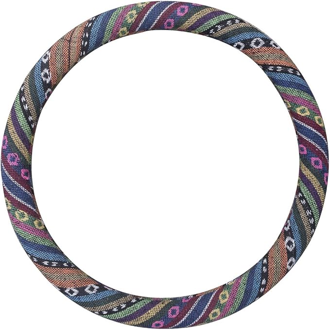 Ethnic Style Coarse Flax Cloth Automotive Steering Wheel Cover Anti Slip and Sweat Absorption Auto Car Wrap Cover (C, 15.25''-16'')