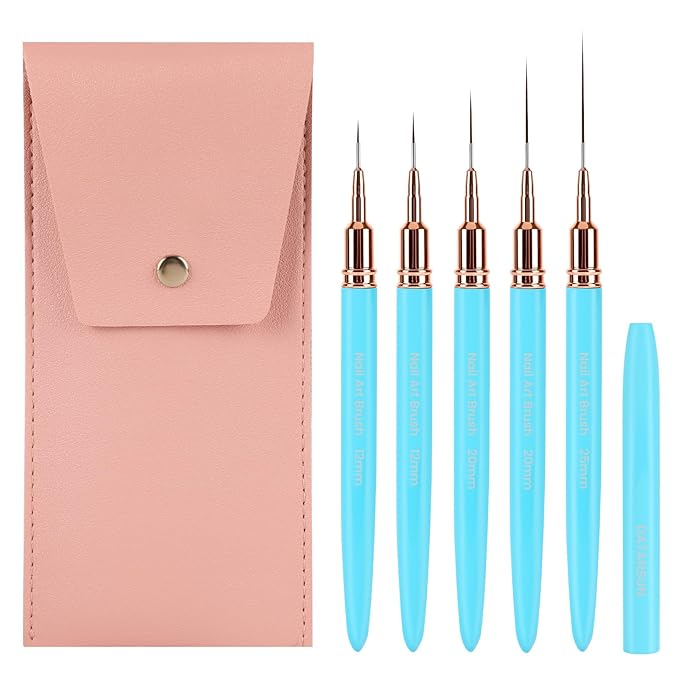5PCS Nail Art Brushes Set with Pink Leather Case，【Metallic Material】 【Various Size】 【Light Weight】Nail Brush， Nail Brushes for Nail Art，Size：5mm,8mm,12mm,20mm,25mm, Blue