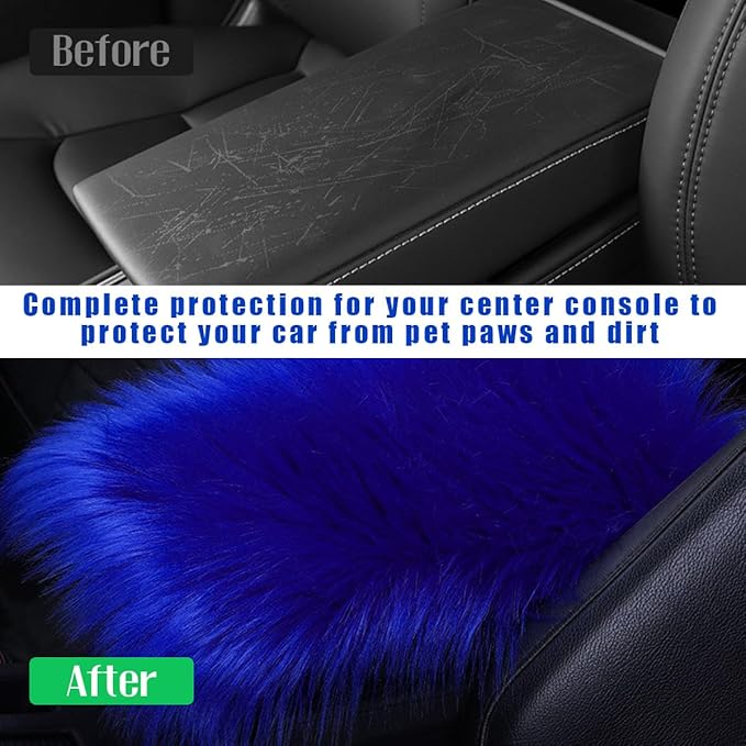 Furry Car Center Console Cover, 11.8"×7.9" Sheepskin Wool Armrest Box Cushion Pad, Comfort Soft Auto Center Console Protector, Interior Decor Accessories for Most Vehicles (Royal Blue)