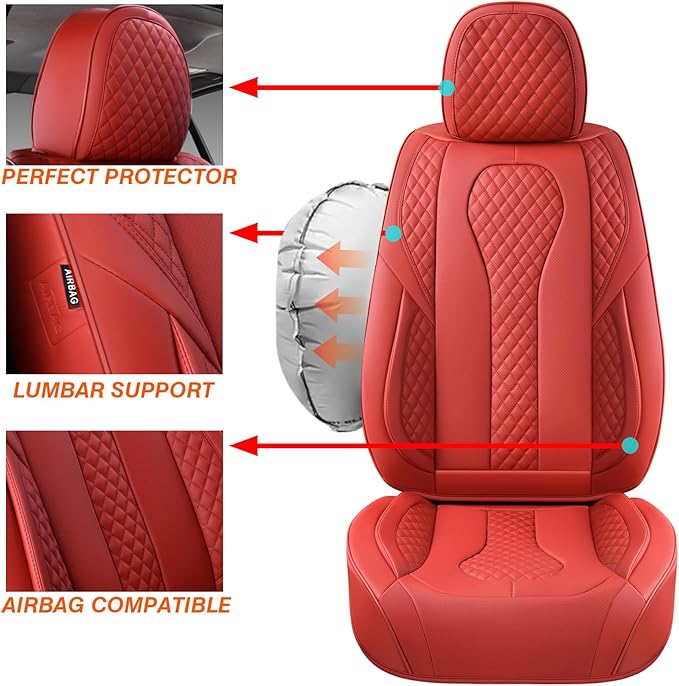 KEYOOG Car Seat Covers Full Set, 5-Seater Waterproof and Breathable Nappa Leather, Fit for Front and Rear Seats of Cars, Compatible with Airbags, Car Seat Protector Covers for Most Cars - Wine red