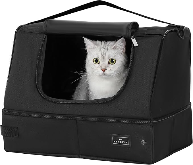 PETSFIT Portable Travel Cat Litter Box – Collapsible, 2-Layer Leak-Proof Washable Liner with Sturdy Support Frame, for Hotel/Car/Camping, Cat Travel Essentials for Kitty/Medium Cats Solid Black