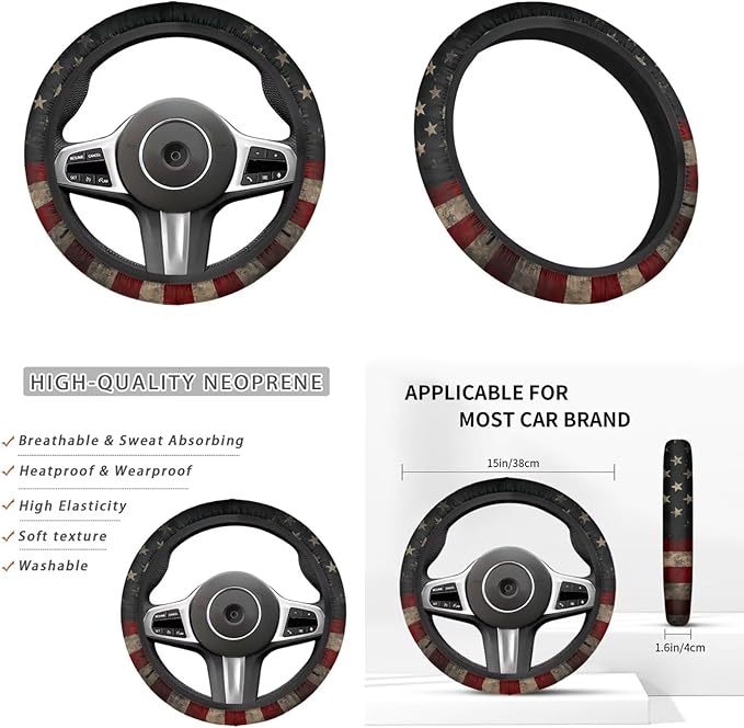 American Flag Vintage Car Steering Wheel Cover Set 6 Pcs Animal Elk Print Cup Holder Armrest Pad Gear Shift Cover,Car Handbrake Covers Auto Accessories for Men