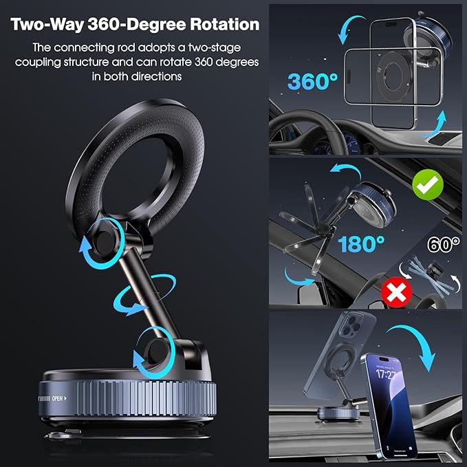 Jikasho Vacuum Magnetic Car Phone Holder for Magsafe, Hands-Free 360° Adjustable Suction Cup Phone Mount for Car/Gym/Mirror/Smooth Surface, Compatible with iPhone & Android (Silver Black)