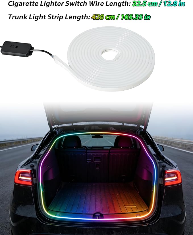 RGB LED Trunk Light Strips for Tesla Model Y & Juniper 2021-2026, APP Control Ambient Neon Trunk Lights with Magnetie Sensor, Auto On/Off, Music Sync, Waterproof Silicone, Plug & Play