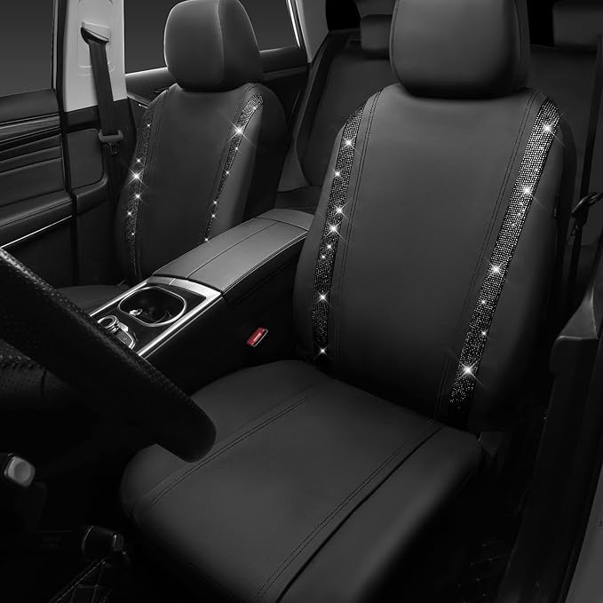 CAR PASS Leather Bling Diamond Car Seat Covers 2 Front Interior Sets, Waterproof Universal Shining Glitter Crystal Sparkle Fit for 95% Automotive Truck SUV Cute Women Girl, Black Rhinestone