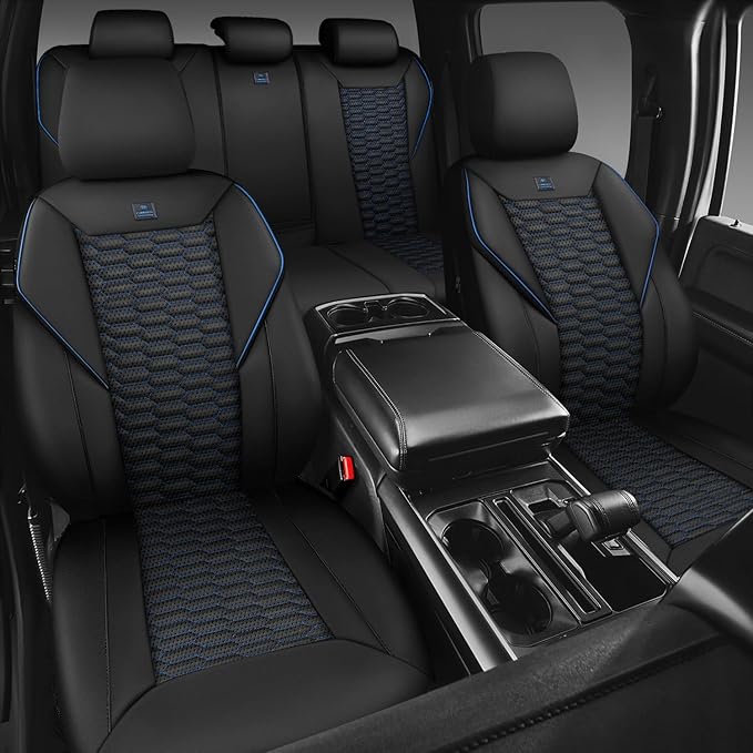CAR PASS 3D Foam PU Leather Car Seat Covers Full Set,Luxury Breathable Faux Leather Seat Covers for Car,Anti Slip Universal Fit for SUVs Vans Sedan Truck Auto,Armrest Airbag Compatible,Black and Blue