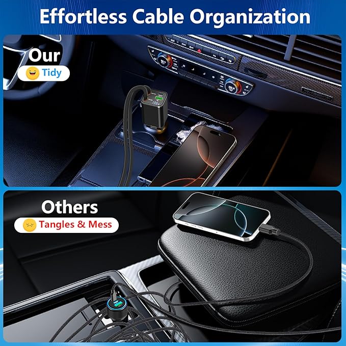 [Apple MFi Certified] Retractable Car Charger, Linocell 120W USB C Car Charger 4 in 1 PD/QC Type C Fast Charging Cigarette Lighter Adapter for iPhone 17/17 Pro Max/16/15/14/13/12/Galaxy S26/S25/Pixel