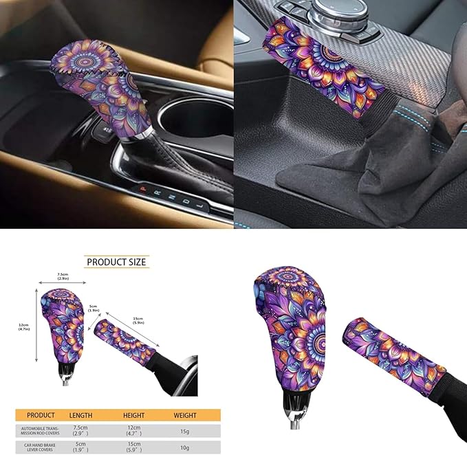 Bohemian Style Car Accessories for Men Women Flower Print Car Steering Wheel Cover Set 6 Pcs Cup Coaster Handbrake Gear Cover Suit for Most Cars Truck Vans SUV