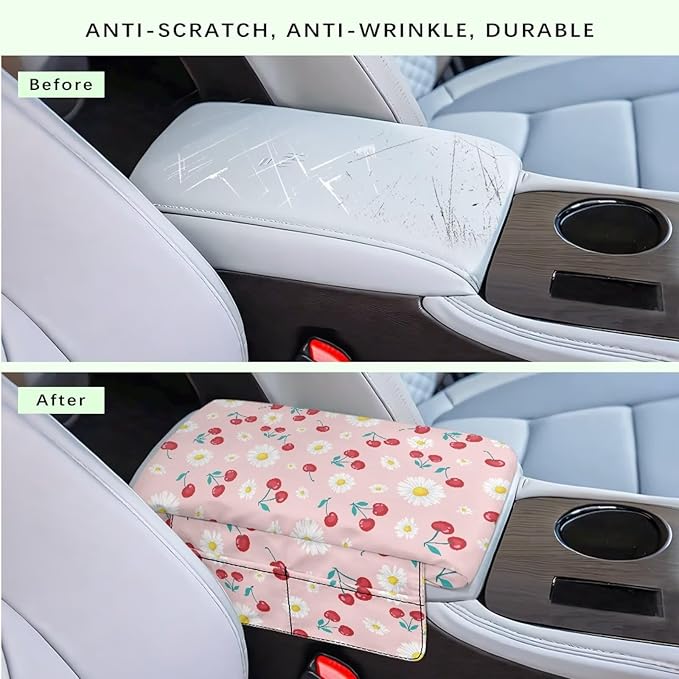 Dreaweet Car Console Covers with Pockets Pink Arm Rest Cover for Car Women Thick Car Armrest Cushion Pad Cute White Daisy Cherry Print Car Accessories for Women