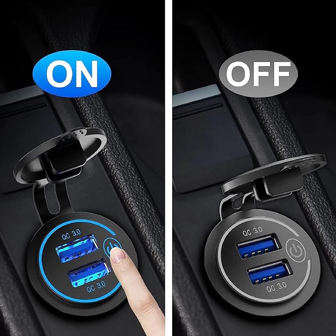Pack of 2 x 36W Quick Charge 3.0 USB Car Charger Socket, 12V/24V Dual USB Quick Charge 3.0 Car Cigarette Lighter Adapter with Touch Switch for Motorcycle, Boat, Truck, Caravan