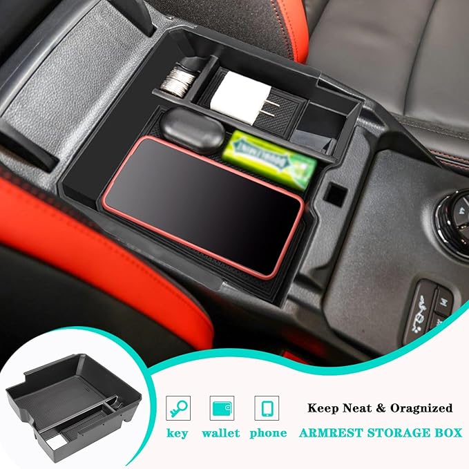 Center Console Organizer Tray Compatible with 2024 2025 2026 Ford Ranger Raptor Lariat XL XLT Armrest Storage Box Insert Interior Accessories-ONLY FIT Electric Handbrake Version