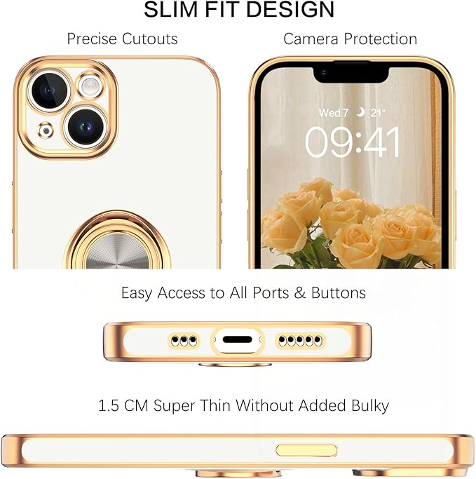 VENINGO iPhone 14 Case,Phone Cases for iPhone 14,Slim Fit Soft 360° Ring Holder Kickstand Magnetic Car Mount Supported Easy Clean Shockproof Protective Cover for Apple iPhone 14 6.1" 2022,White/Golden