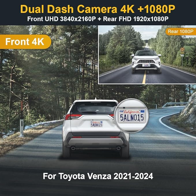 Fitcamx Front 4K+Rear 1080P Dash Cam Adapts for Toyota RAV4 2019-2021 (Model A/No Vent) & Prime Plug-in Hybrid, OEM Look, WiFi & APP, 2 Way HD Video, Loop Recording, G-Sensor, Easy to Set, 128GB Card