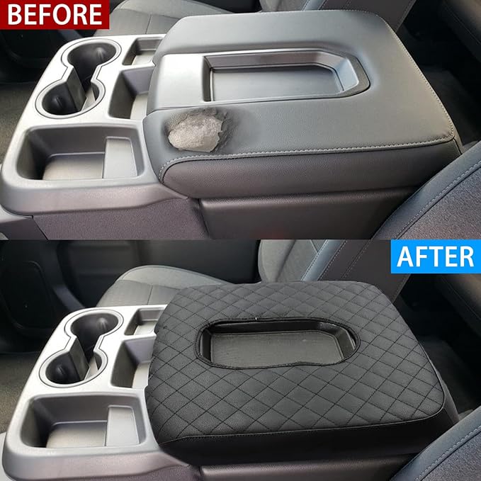 Center Console Armrest Cover for Chevy Silverado/GMC Sierra Accessories 2019-2024 2025 Arm Rest Box Leather Protective Case Middle Console Lid Cushion Pad Only for Jump Seat (Black Stitches)