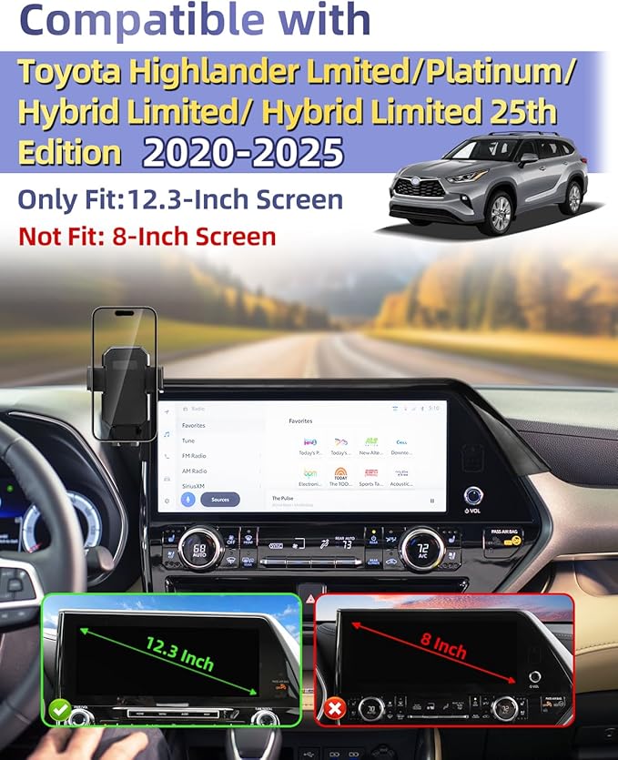 PZK Car Phone Holder for Toyota Highlander Hybrid Lmited/Platinum 2020-2024 2025 Accessories Only for 12.3-inch Screen Auto Lock Car Phone Mount Hands Free 360° Rotation (Not Fit 8-Inch L/LE/XLE)
