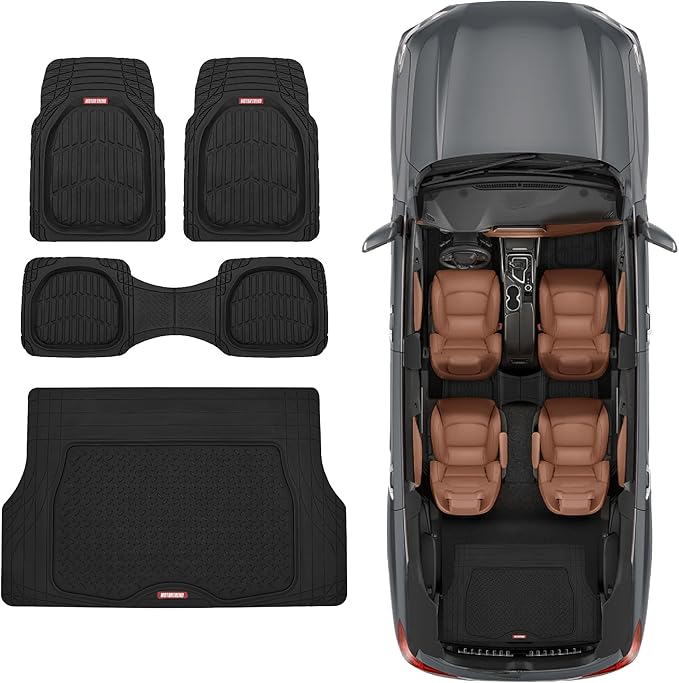 Motor Trend FlexTough 4-Piece Heavy Duty Floor Mats for Cars Trucks SUVs, Automotive Floor Mats Car Mats Full Set Front, Rear & Cargo, Trim-To-Fit Semi-Custom Deep Dish All Weather Rubber Mats - Black