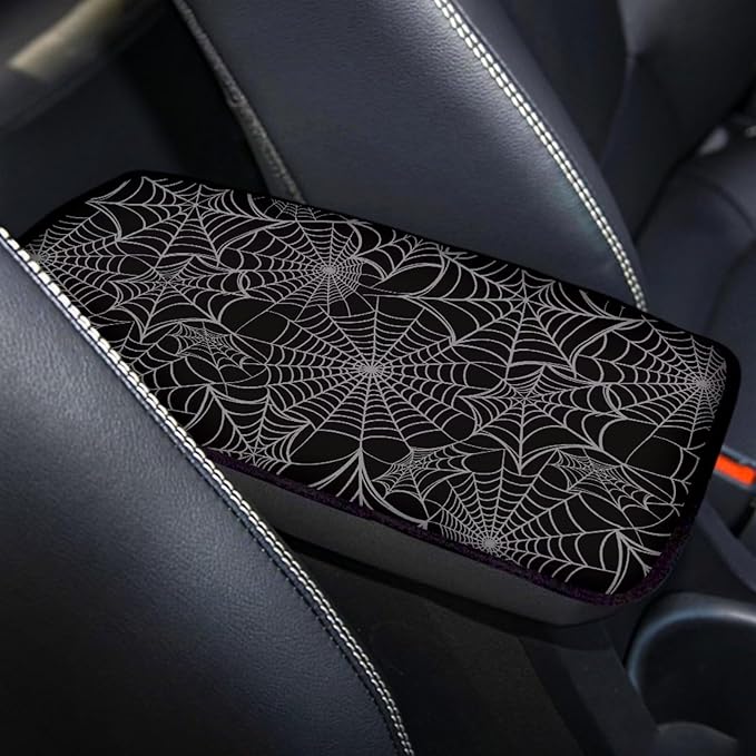 Dreaweet Spider Web Center Console Cover Halloween Car Accessories Interior Universal Arm Rest Cover for Truck SUV Non Slip Anti Scratch Car Armrest Storage Box Mat