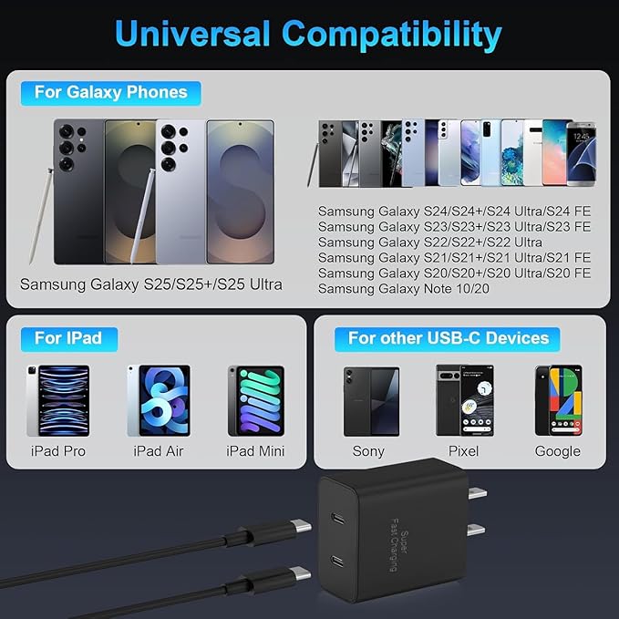 45W Super Fast Charger Type C for Samsung S26 S25 S24,3Pack 45W Dual Port USB C Fast Phone Charger Block & 6/10/10FT Type C Charging Cord for Samsung Galaxy S26 S25 Ultra/S23/S22,Android,iPhone 17