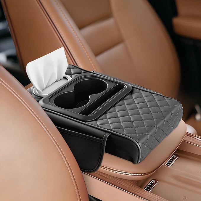 5-in-1 Car Armrest Cushion, Multifunctional PVC Leather Center Console Armrest Pillow Elbow, Universal Arm Box Pad Cover with Cup Holder, Phone Slot, Tissue Box Slot & 2 Storage Bags, Grey
