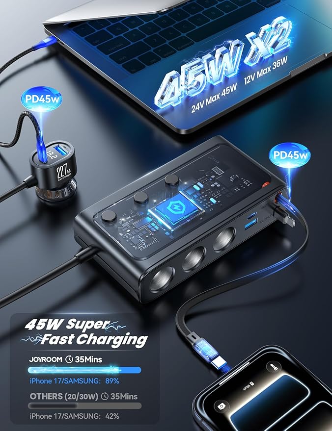 JOYROOM 9 in 1 Cigarette Lighter Splitter, 227W Dual Retractable Car Charger - 45W/24V(36W/12V) USB C Fast Charger for iPhone 17/Samsung, Independent Switches Cigarette Lighter Adapter for Car Devices
