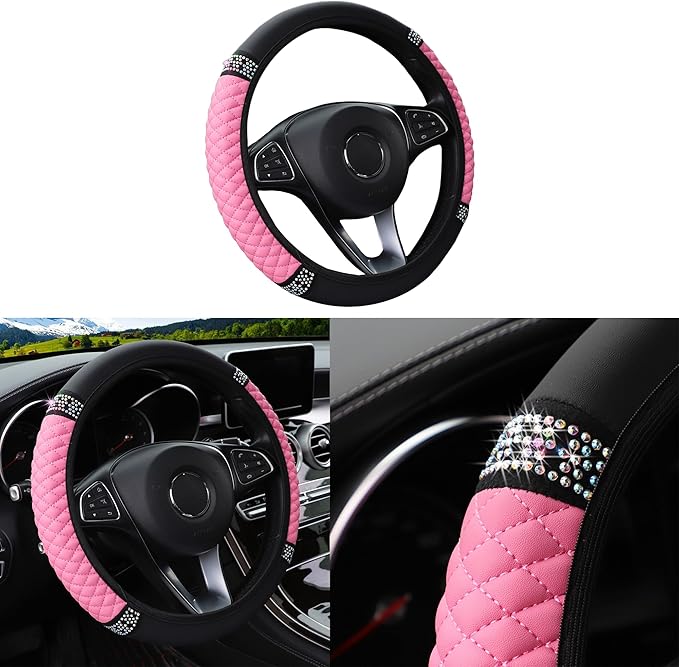 Bling Car Steering Wheel Cover, 15 Inch Rhinestones Soft Leather Elastic Steering Wheel Protector, Sparkly Crystal Diamond for Women Girls, Car Interior Accessories for Most Cars (Pink)