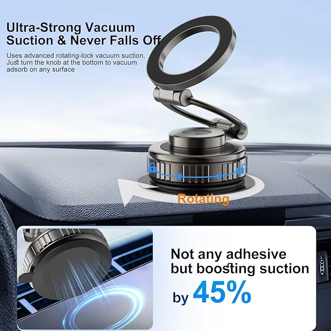 Kairiyard Phone Holders for Your Car, [80+LBS Strongest Suction & 2800gf Magnetic] 360° Adjustable Foldable Vacuum Magnetic Suction Car Cell Phone Holder Mount Compatible for MagSafe iPhone Car