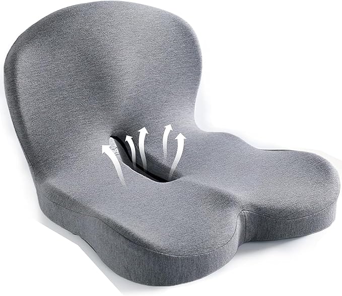 Onever Ergonomic Memory Foam Seat Cushion, Lumbar Support Non Slip for Truck Driver Long Driving Office Chair Back Tailbone Pain Relief Grey