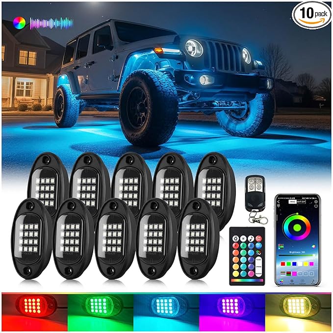 10Pods Segmented RGB LED Rock Lights Kit with APP/RF Remote Control, Waterproof Multi Color Underglow Light Music Mode 12V Underbody for Jeep Trucks UTV ATV RZR Golf Cart Offroad SXS SUV Side By Side
