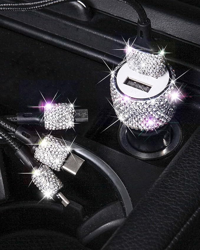 Bling USB Car Charger 5V 2.4A White Crystal Decor Dual Port Fast Adapter with 4ft Nylon Type C Micro USB 3 in 1 Multi Charging Cable for iPhone iPad Android, Auto Interior Accessories for Women
